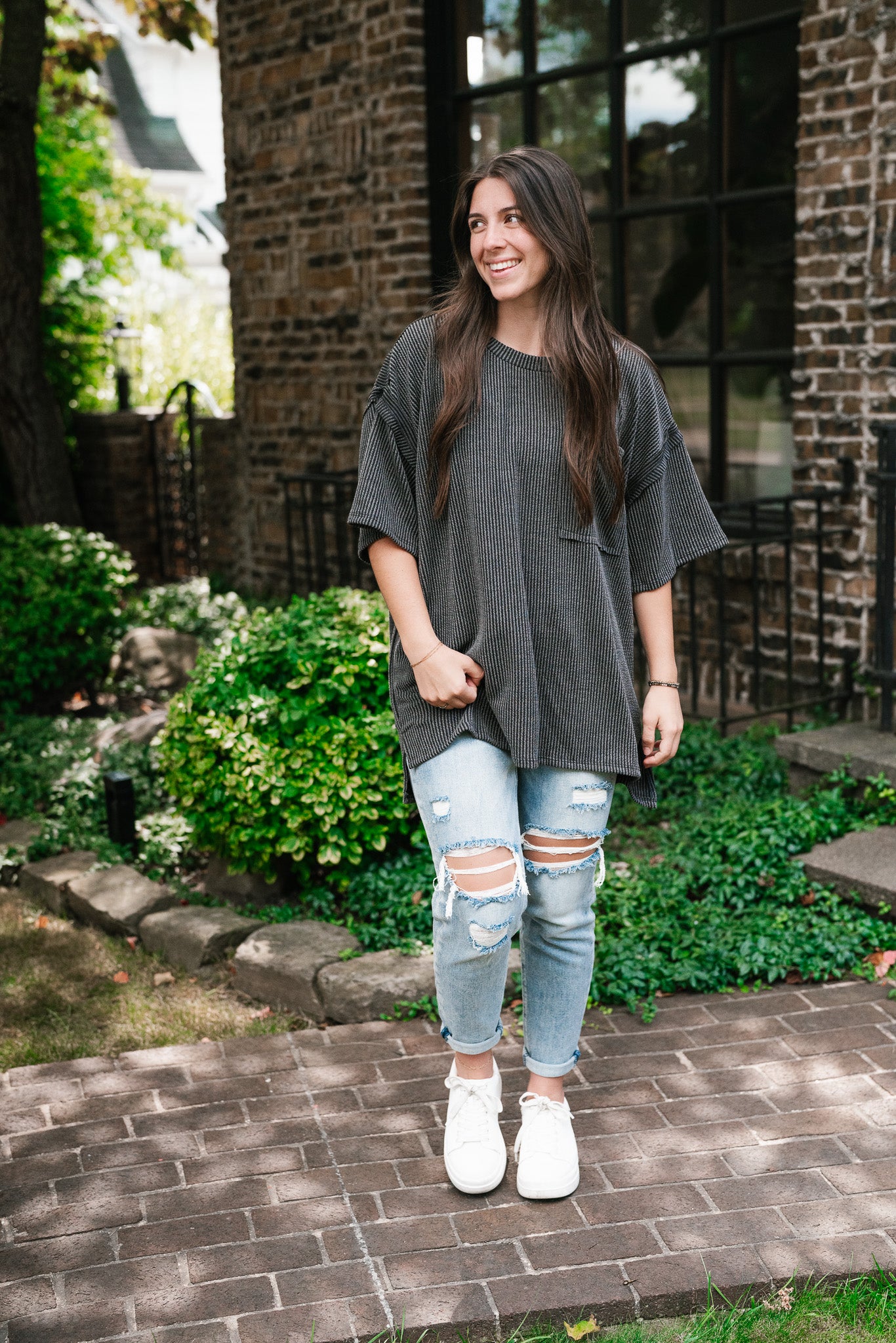 Forever Timeless Relaxed Ribbed Top- Charcoal