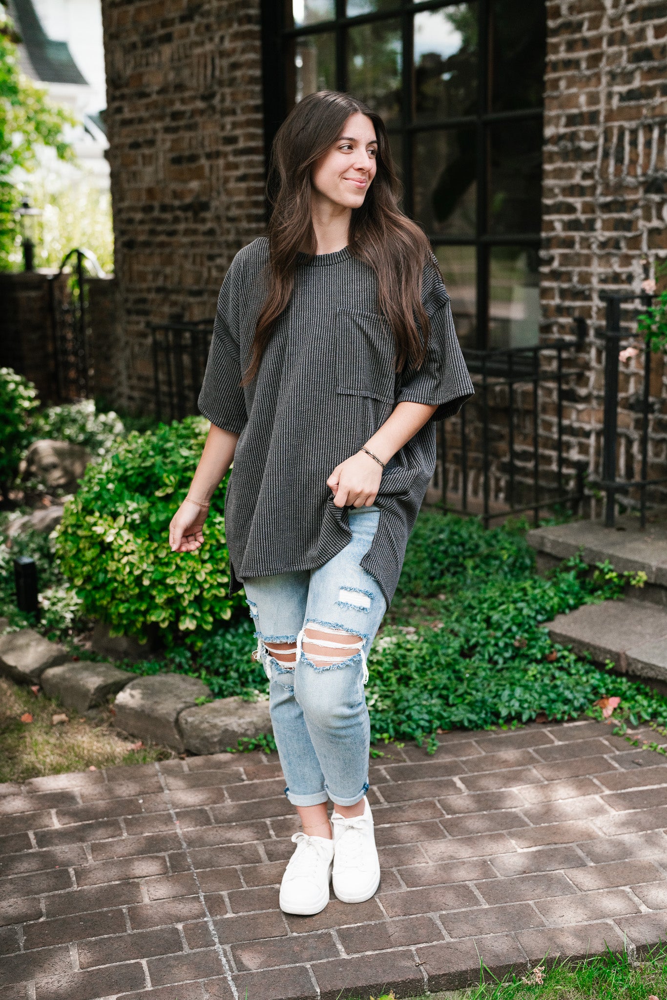 Forever Timeless Relaxed Ribbed Top- Charcoal