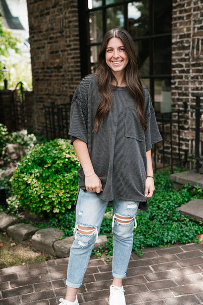 Forever Timeless Relaxed Ribbed Top- Charcoal