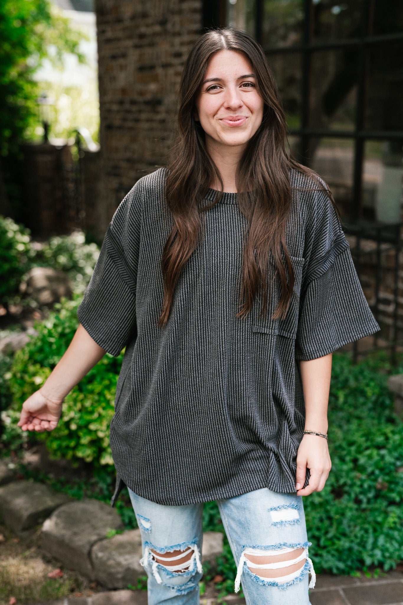 Forever Timeless Relaxed Ribbed Top- Charcoal