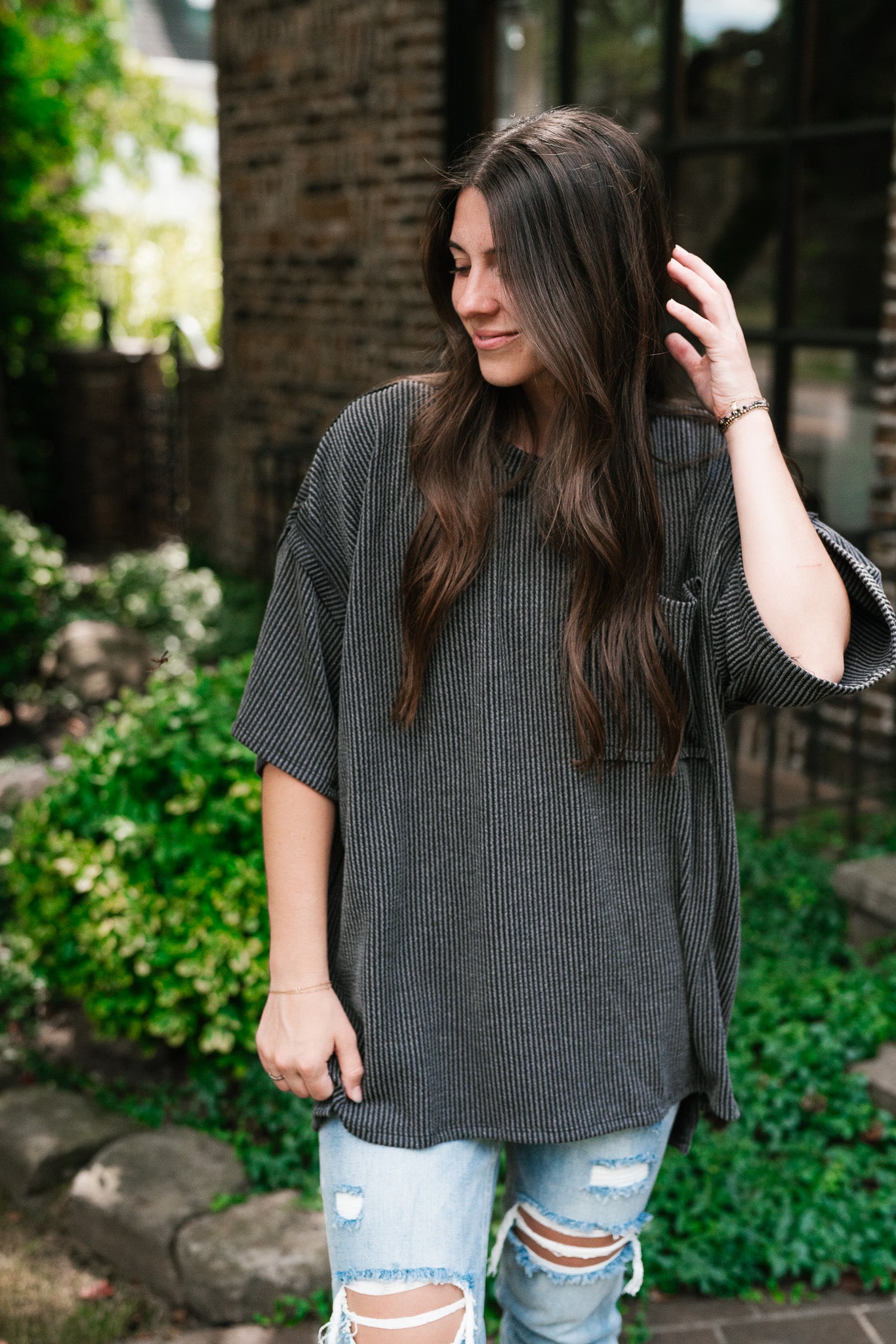 Forever Timeless Relaxed Ribbed Top- Charcoal