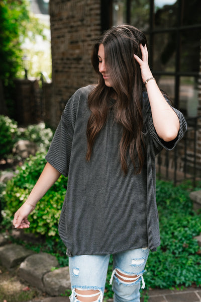 Forever Timeless Relaxed Ribbed Top- Charcoal