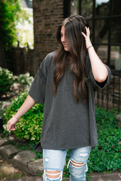 Forever Timeless Relaxed Ribbed Top- Charcoal