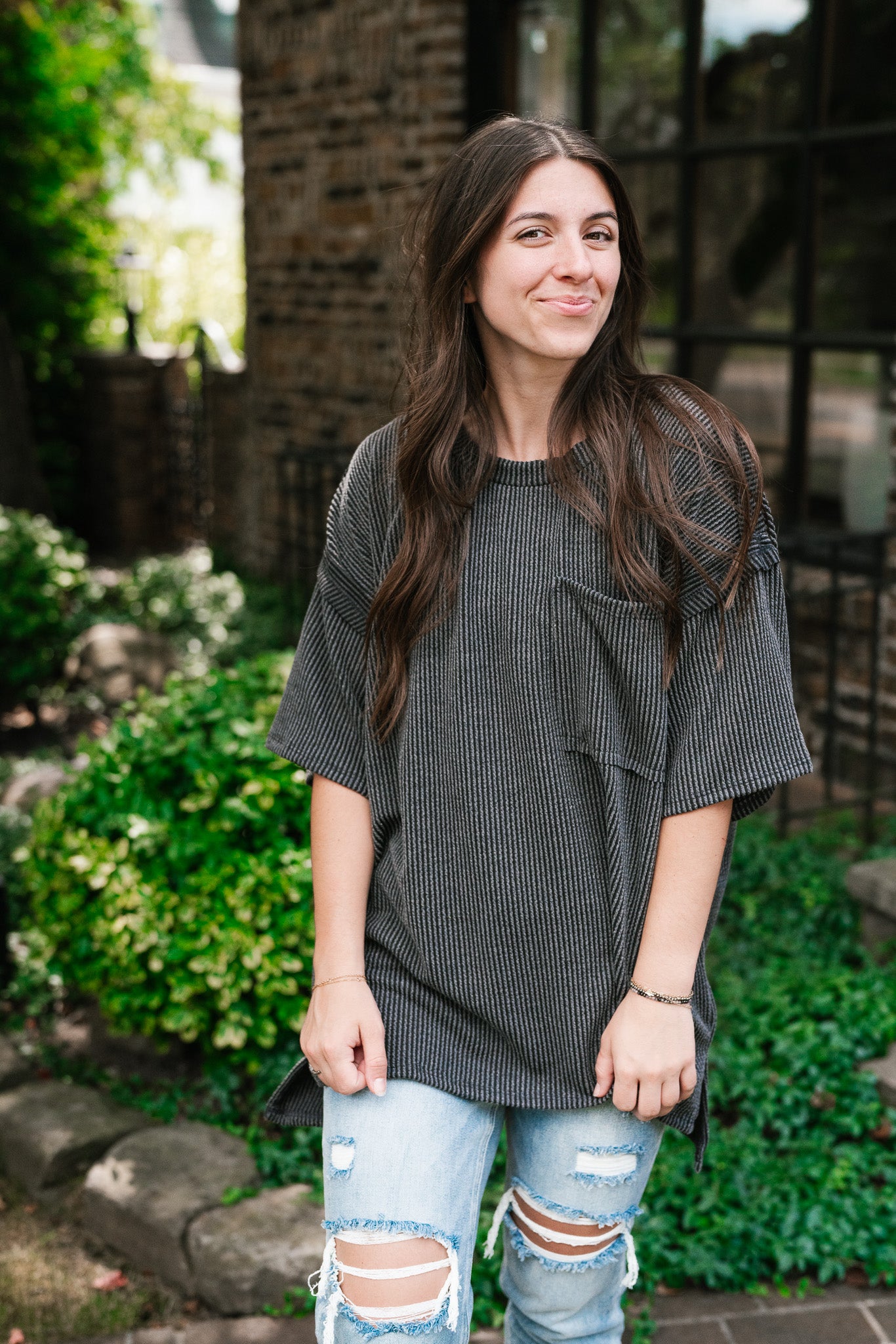 Forever Timeless Relaxed Ribbed Top- Charcoal