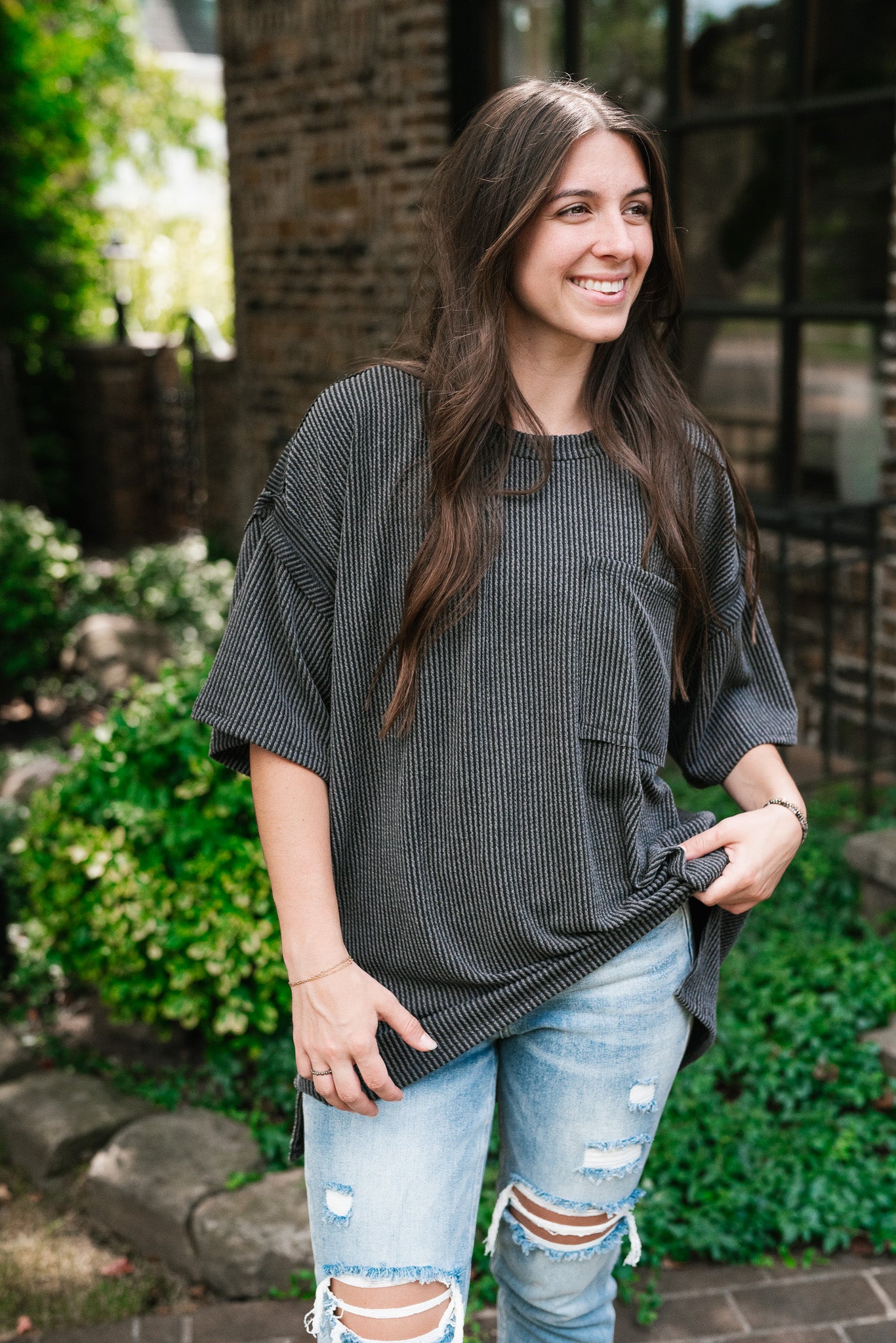 Forever Timeless Relaxed Ribbed Top- Charcoal