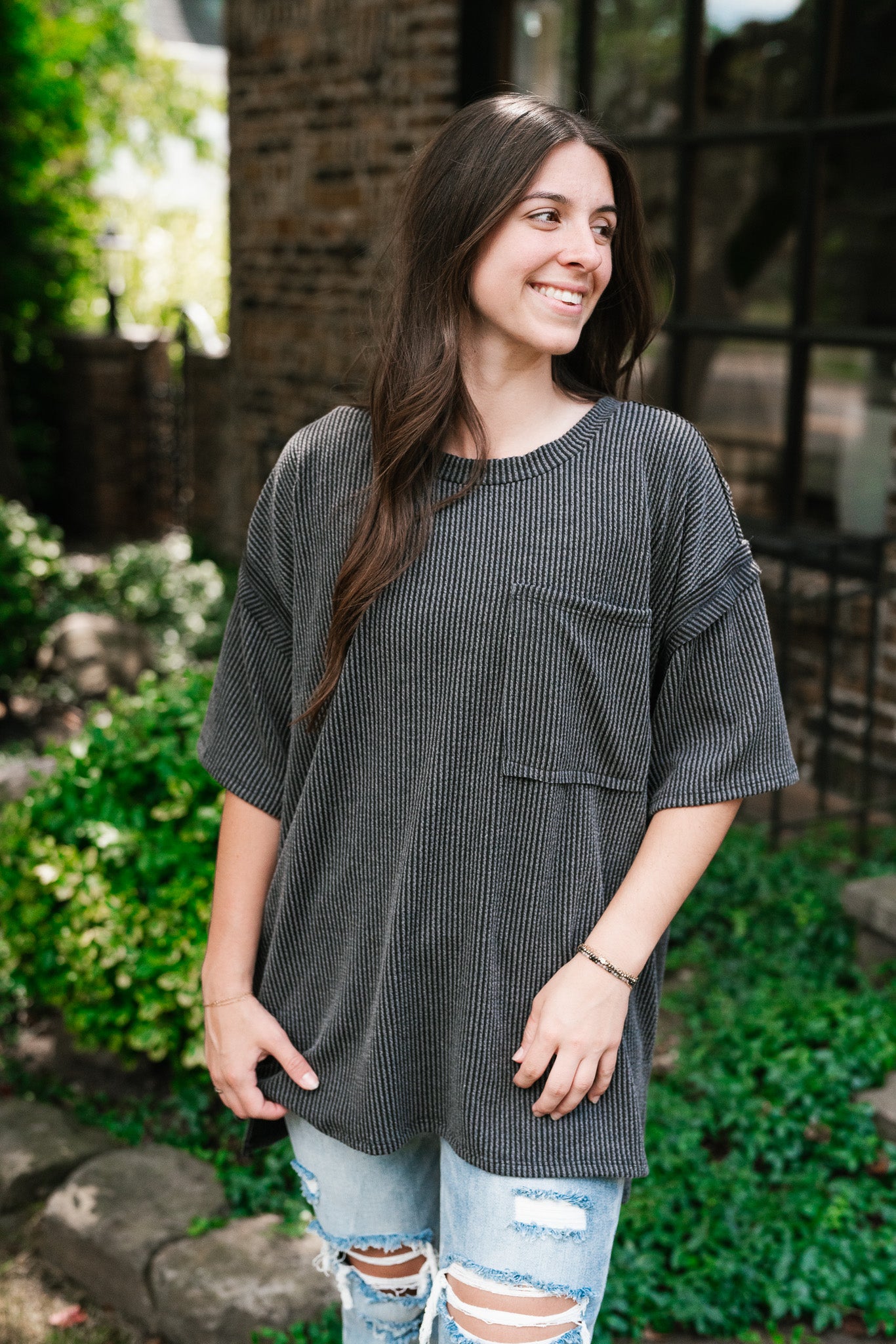 Forever Timeless Relaxed Ribbed Top- Charcoal