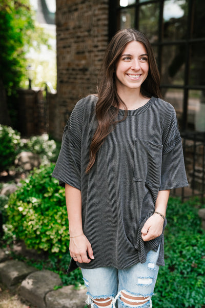 Forever Timeless Relaxed Ribbed Top- Charcoal