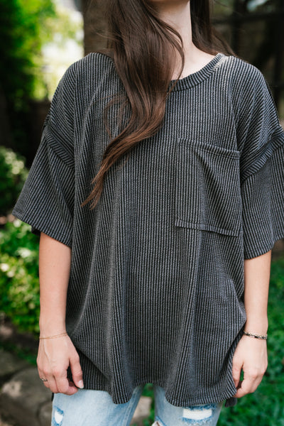 Forever Timeless Relaxed Ribbed Top- Charcoal