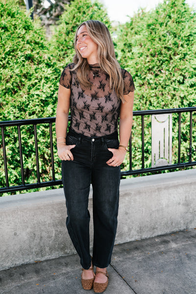 Sheer Lace Short Sleeve Top - Black