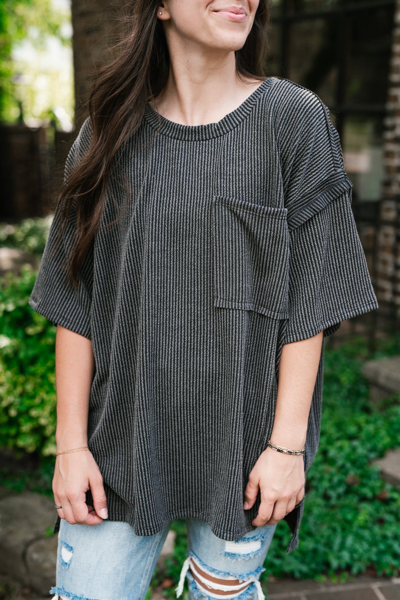 Forever Timeless Relaxed Ribbed Top- Charcoal