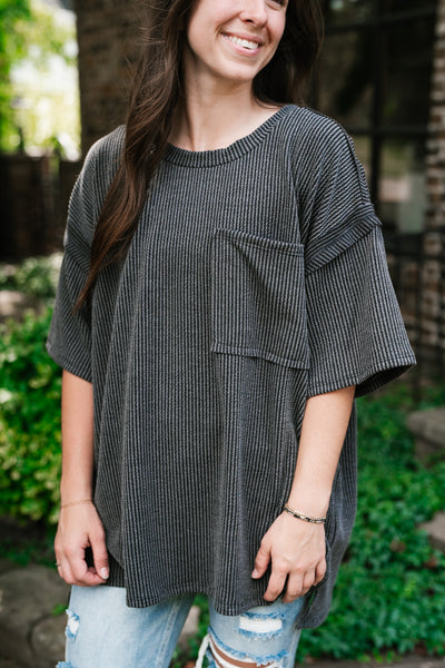 Forever Timeless Relaxed Ribbed Top- Charcoal