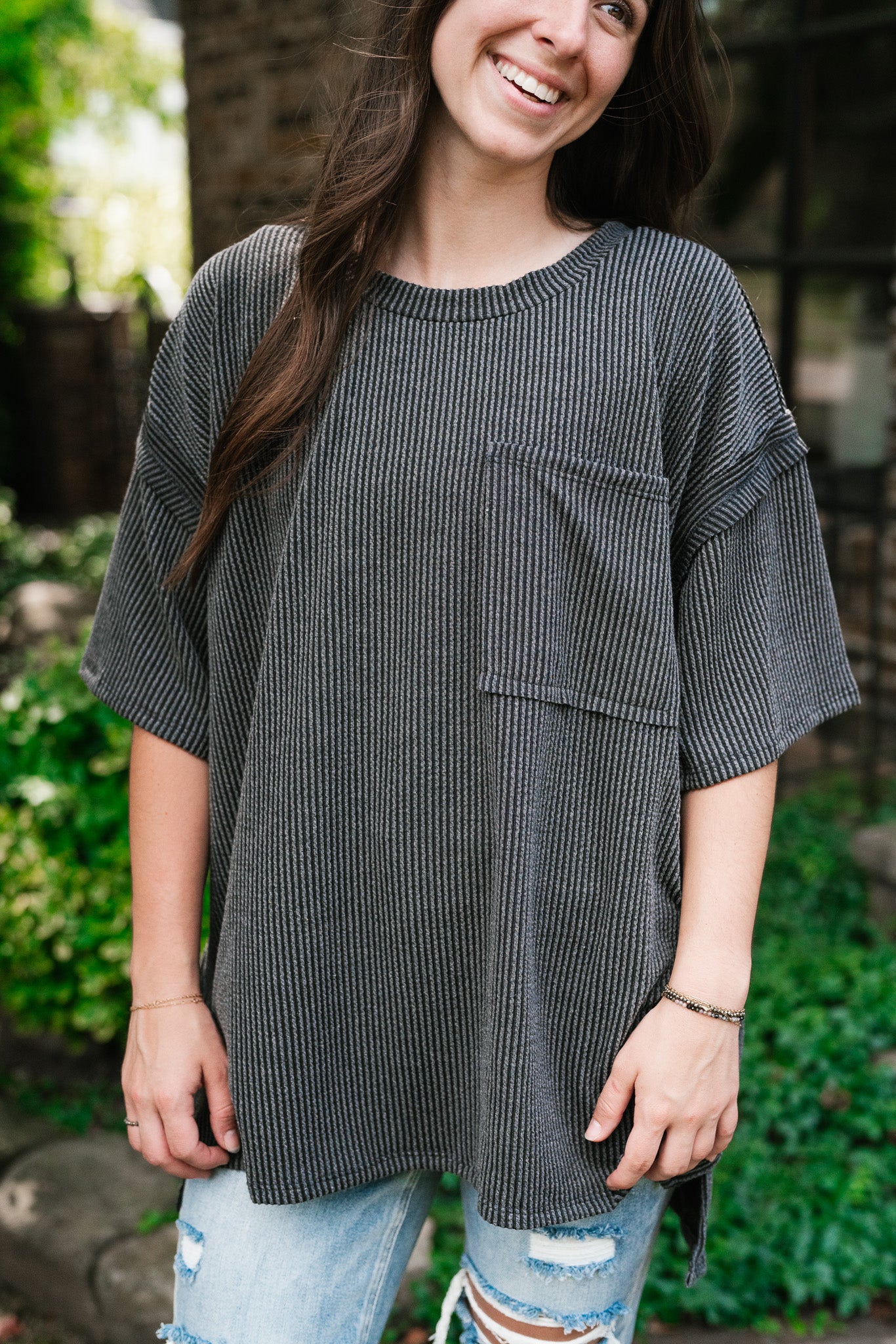 Forever Timeless Relaxed Ribbed Top- Charcoal