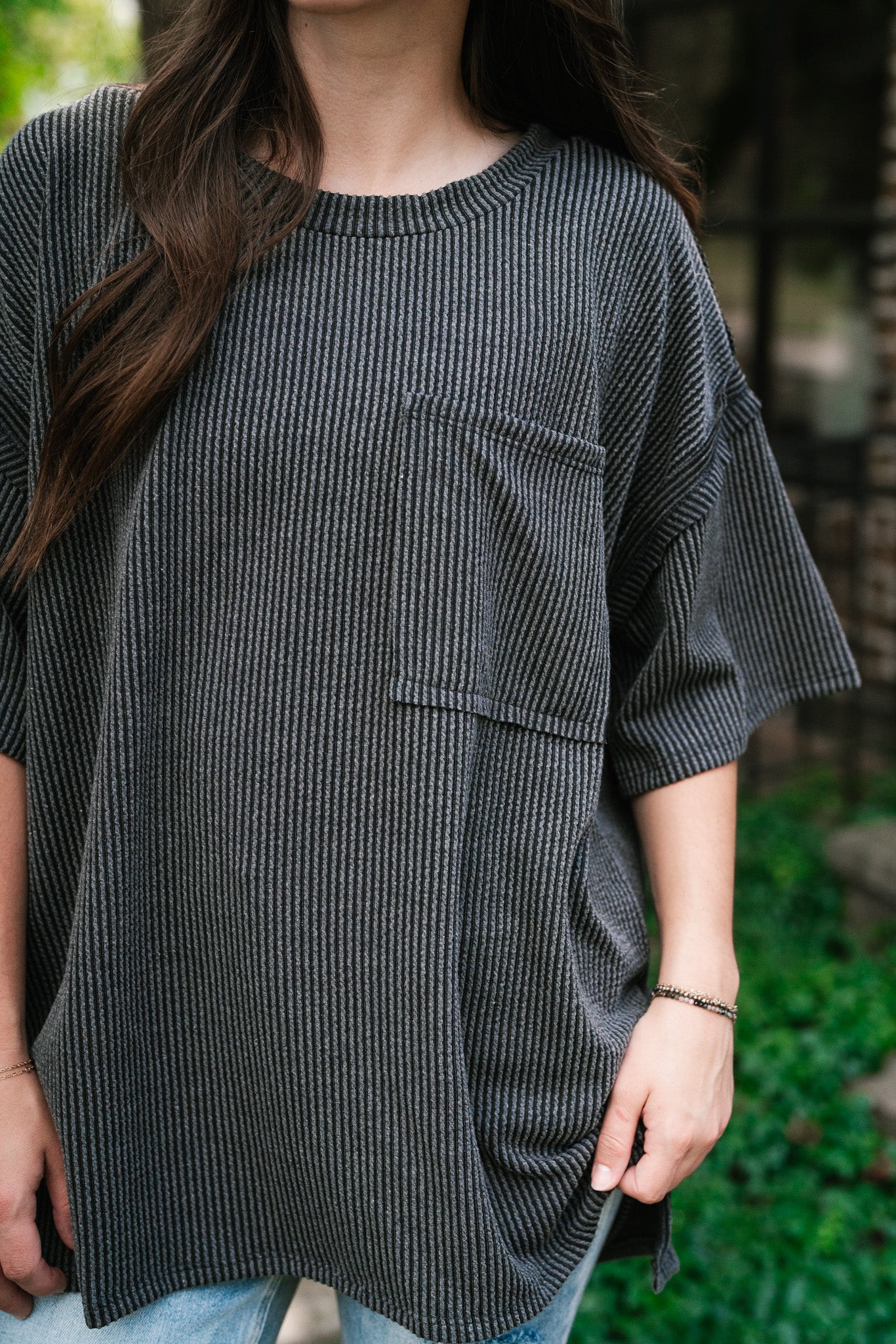 Forever Timeless Relaxed Ribbed Top- Charcoal