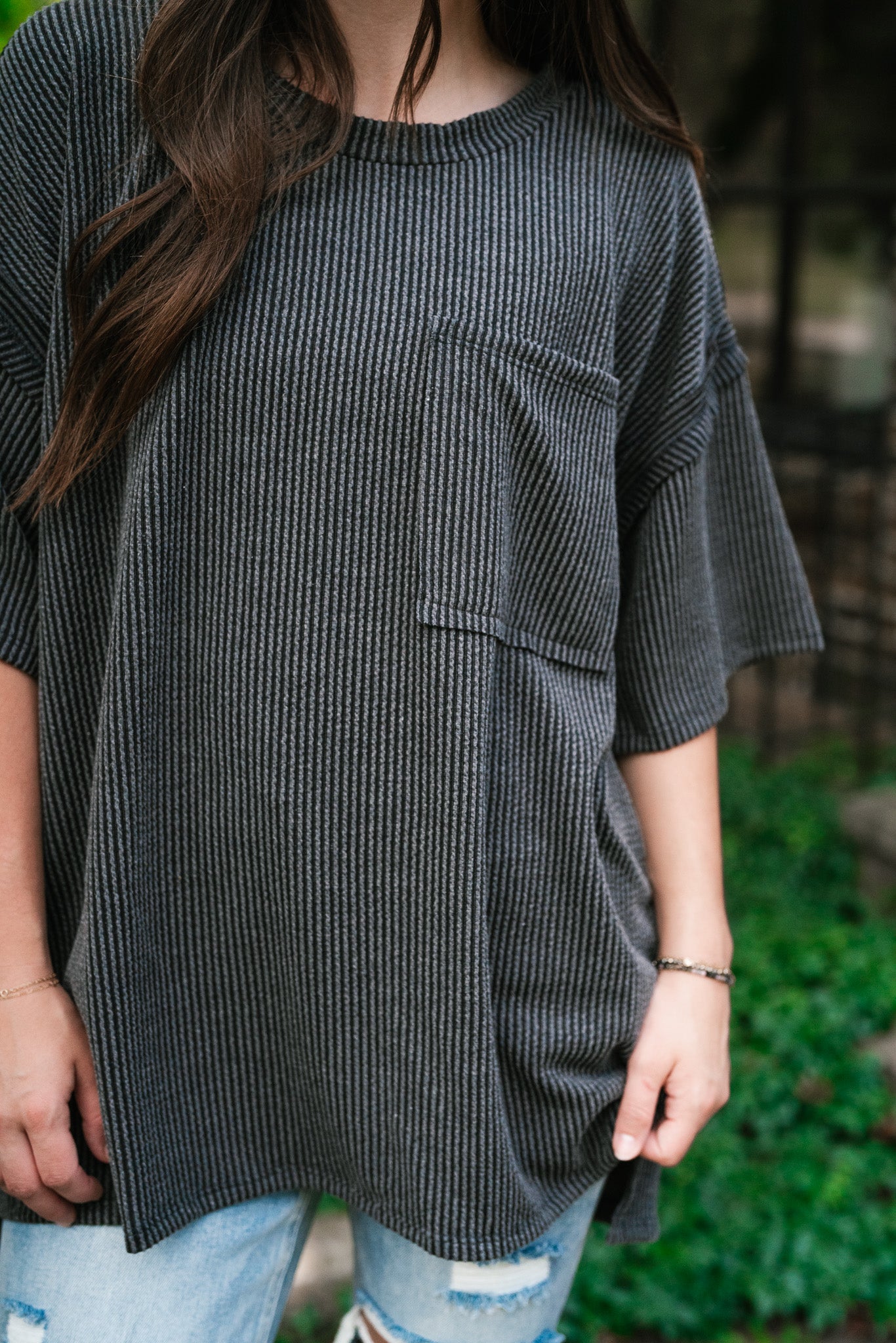 Forever Timeless Relaxed Ribbed Top- Charcoal