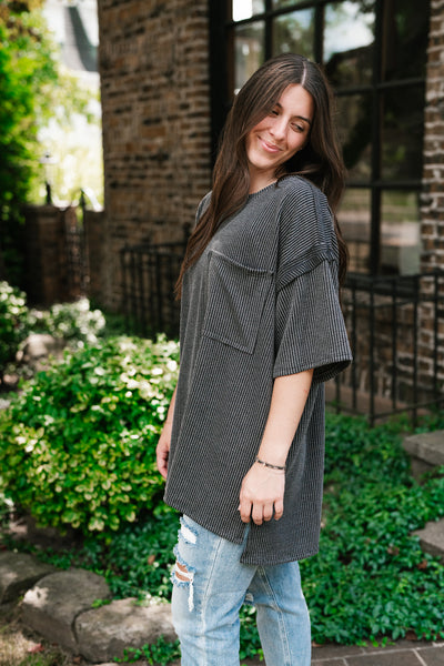 Forever Timeless Relaxed Ribbed Top- Charcoal