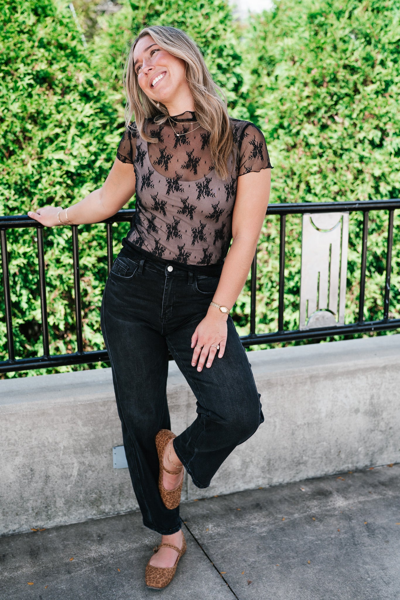 Sheer Lace Short Sleeve Top - Black