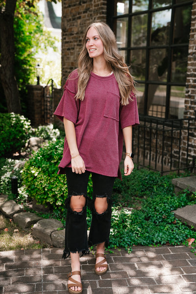 Forever Timeless Relaxed Ribbed Top- Burgundy