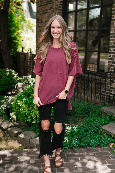 Forever Timeless Relaxed Ribbed Top- Burgundy