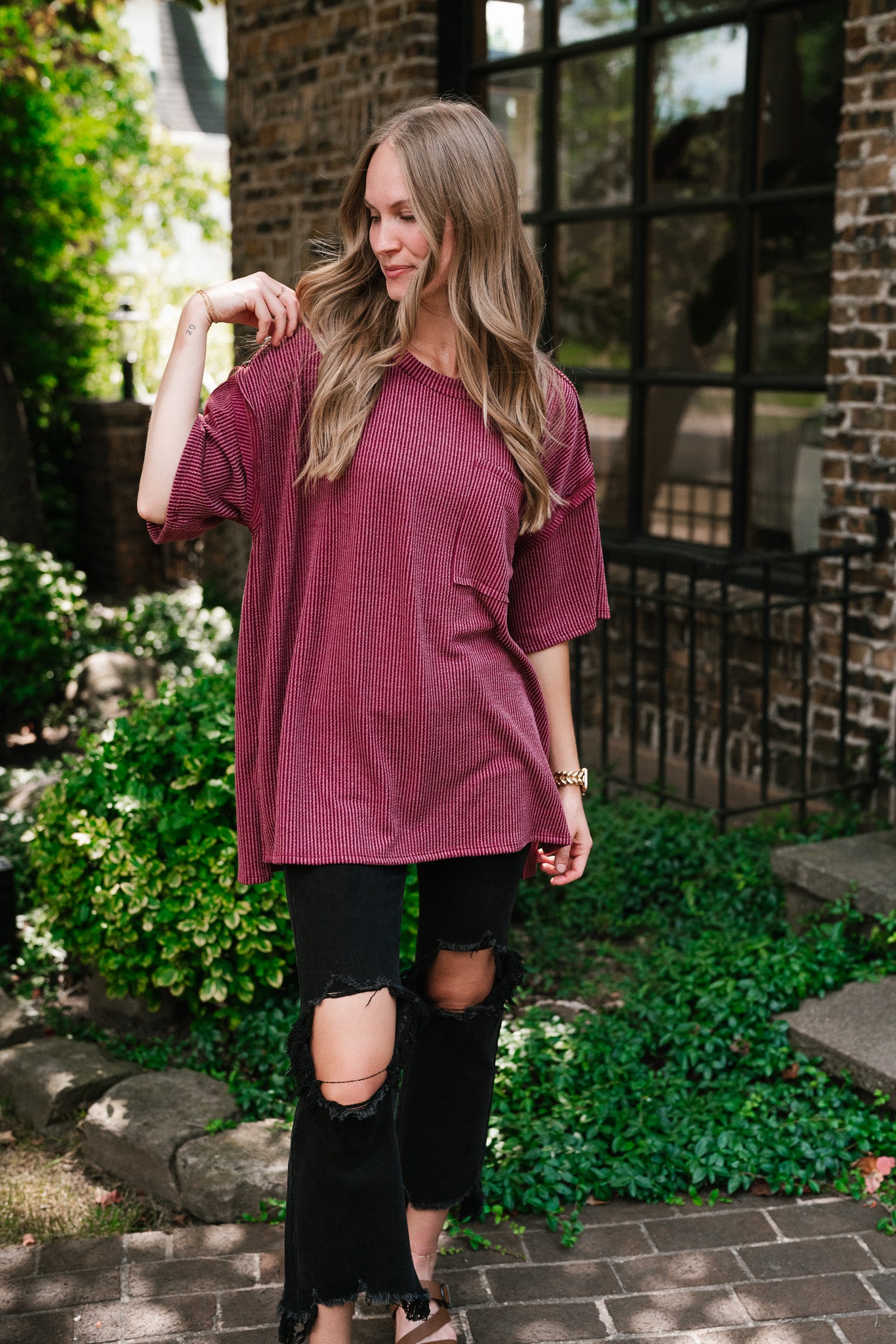 Forever Timeless Relaxed Ribbed Top- Burgundy