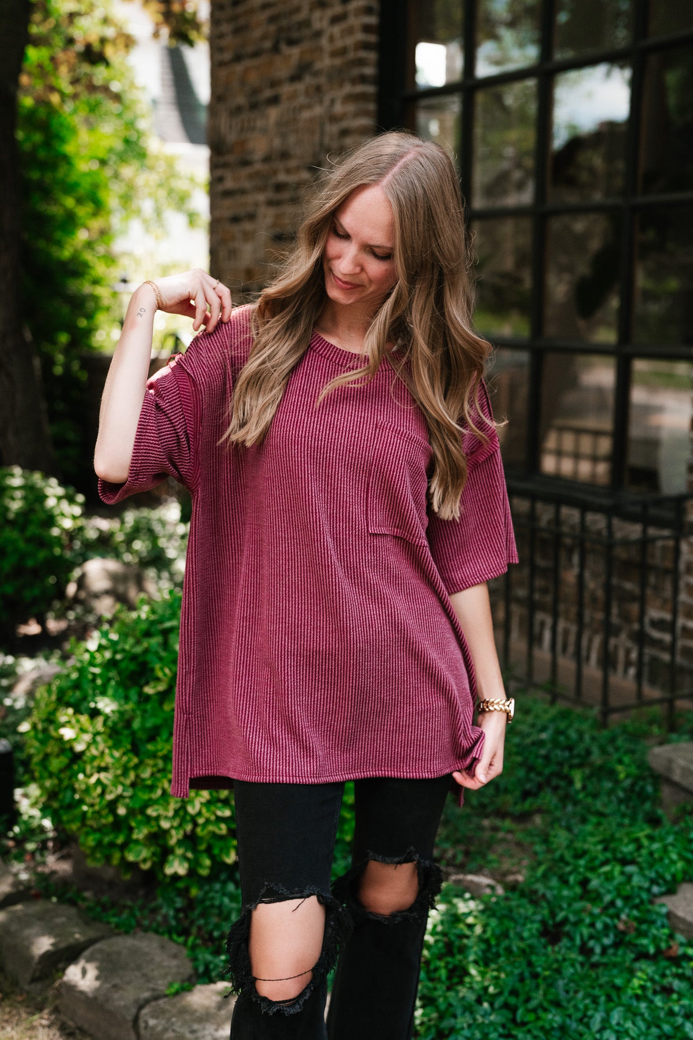 Forever Timeless Relaxed Ribbed Top- Burgundy