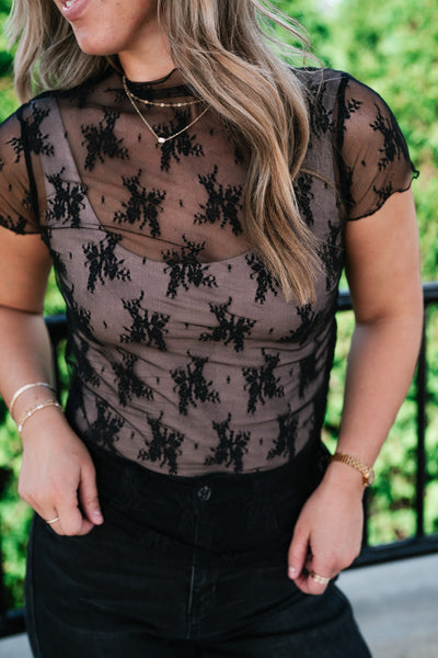 Sheer Lace Short Sleeve Top - Black