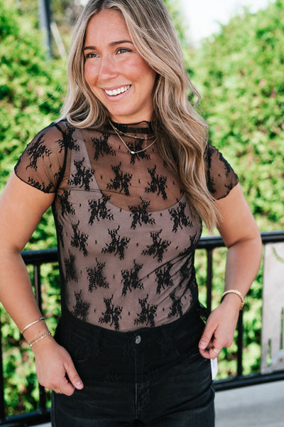 Sheer Lace Short Sleeve Top - Black