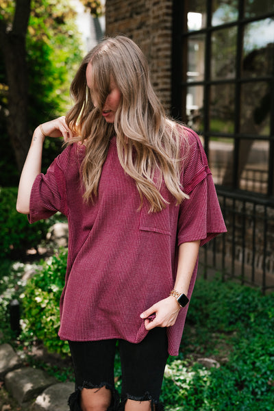 Forever Timeless Relaxed Ribbed Top- Burgundy