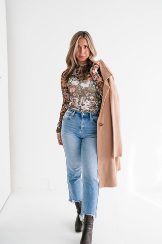 Wildflower Floral Long Sleeve Mesh Top - Brown
