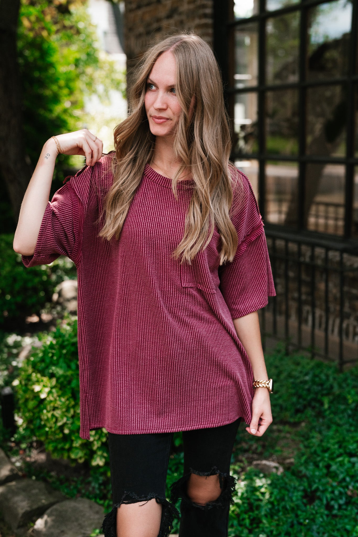 Forever Timeless Relaxed Ribbed Top- Burgundy