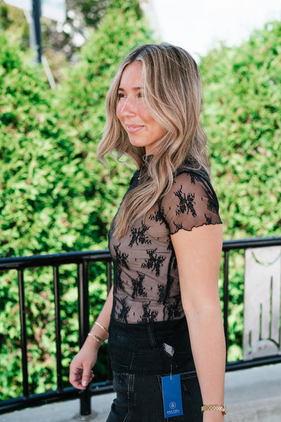 Sheer Lace Short Sleeve Top - Black