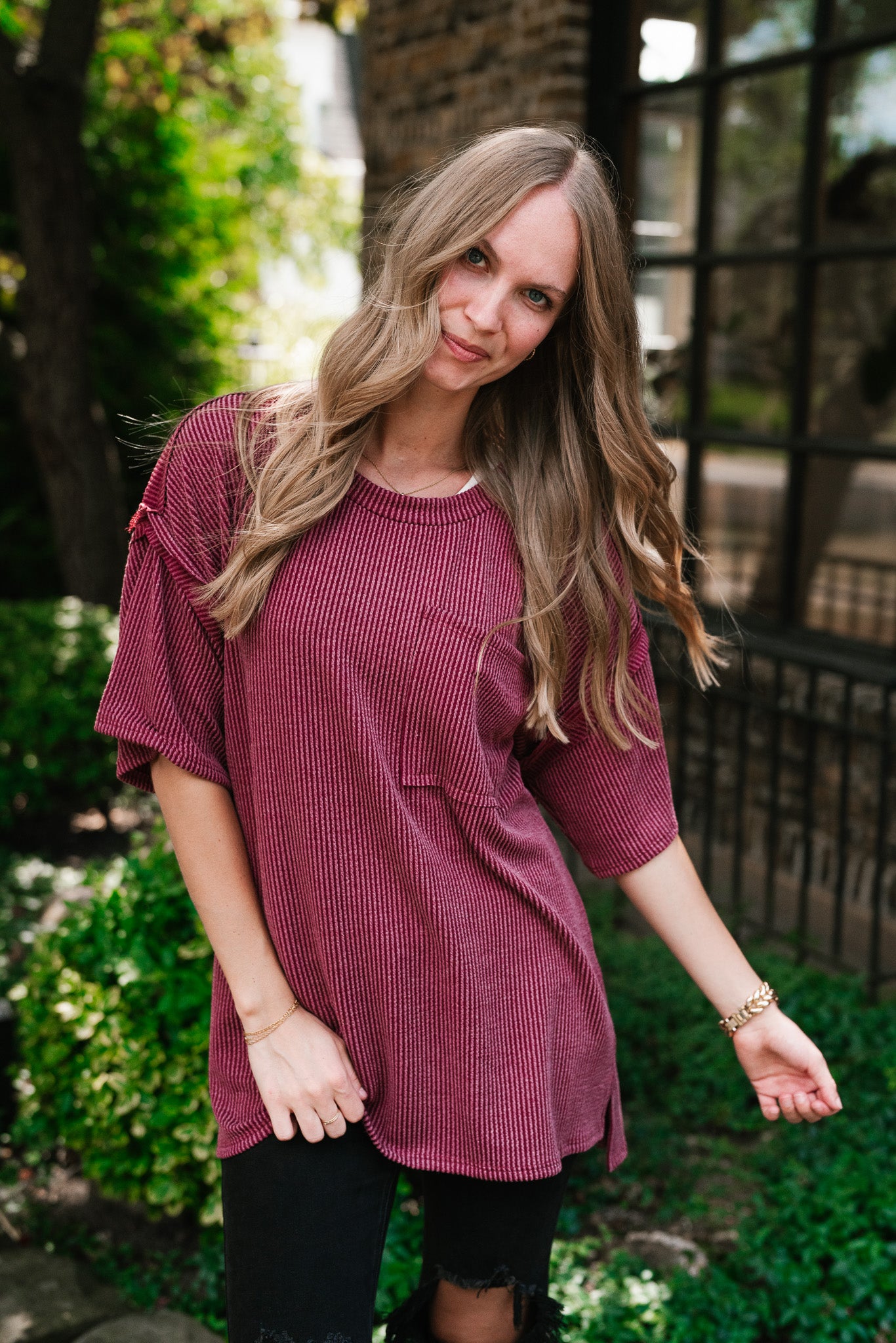 Forever Timeless Relaxed Ribbed Top- Burgundy