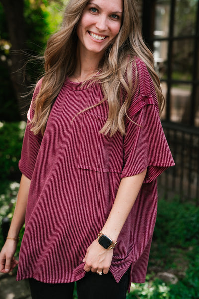 Forever Timeless Relaxed Ribbed Top- Burgundy