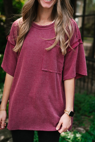 Forever Timeless Relaxed Ribbed Top- Burgundy