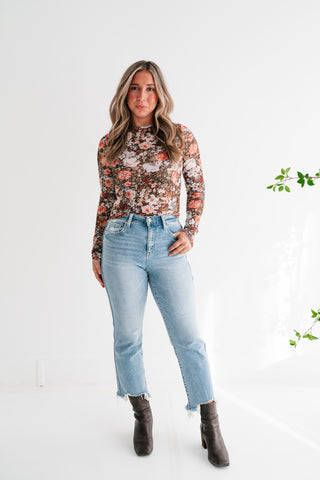 Wildflower Floral Long Sleeve Mesh Top - Brown