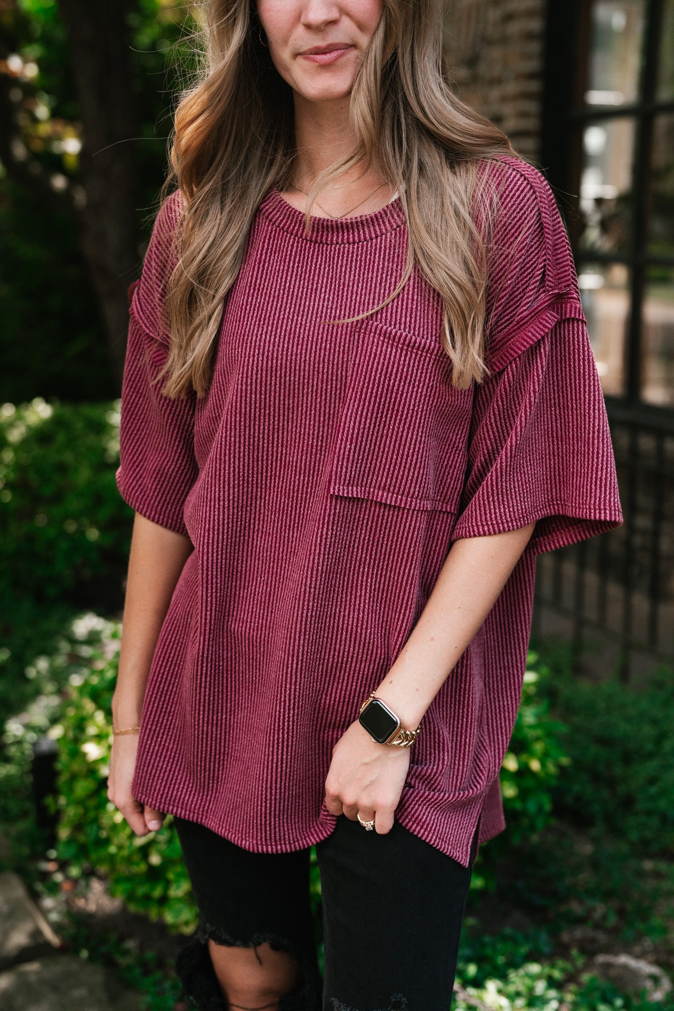 Forever Timeless Relaxed Ribbed Top- Burgundy