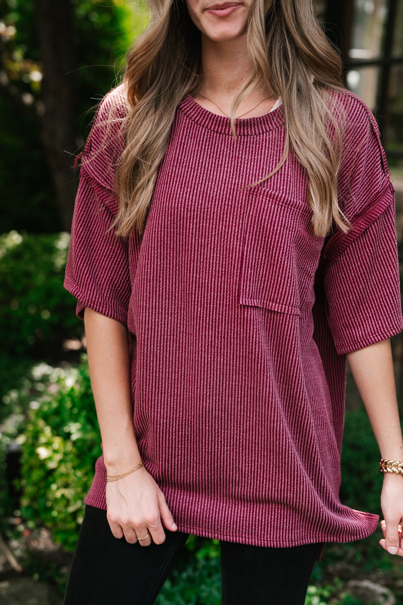 Forever Timeless Relaxed Ribbed Top- Burgundy