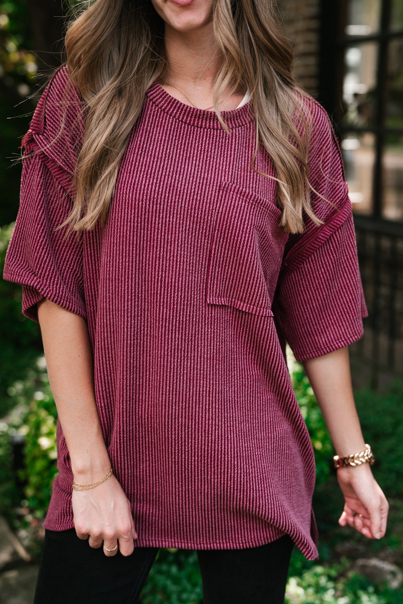 Forever Timeless Relaxed Ribbed Top- Burgundy