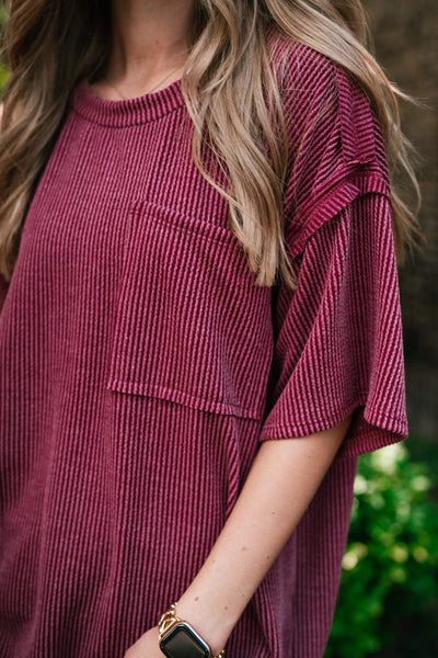 Forever Timeless Relaxed Ribbed Top- Burgundy