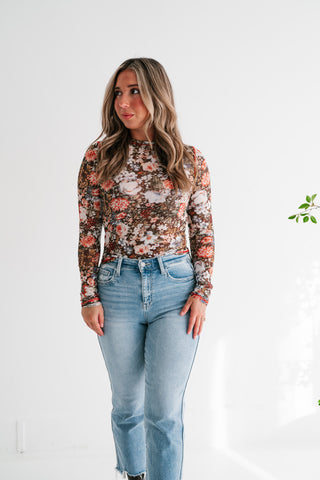 Wildflower Floral Long Sleeve Mesh Top - Brown