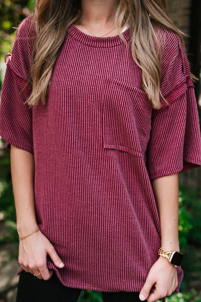 Forever Timeless Relaxed Ribbed Top- Burgundy