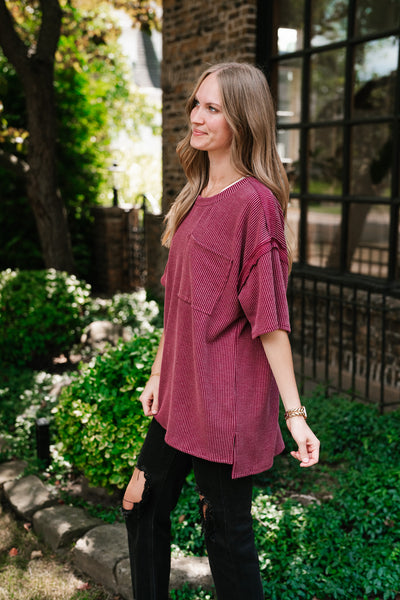 Forever Timeless Relaxed Ribbed Top- Burgundy