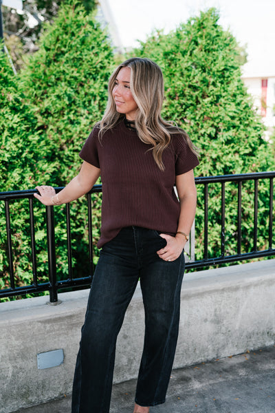 Comfort Breeze Ribbed Sweater Top - Brown
