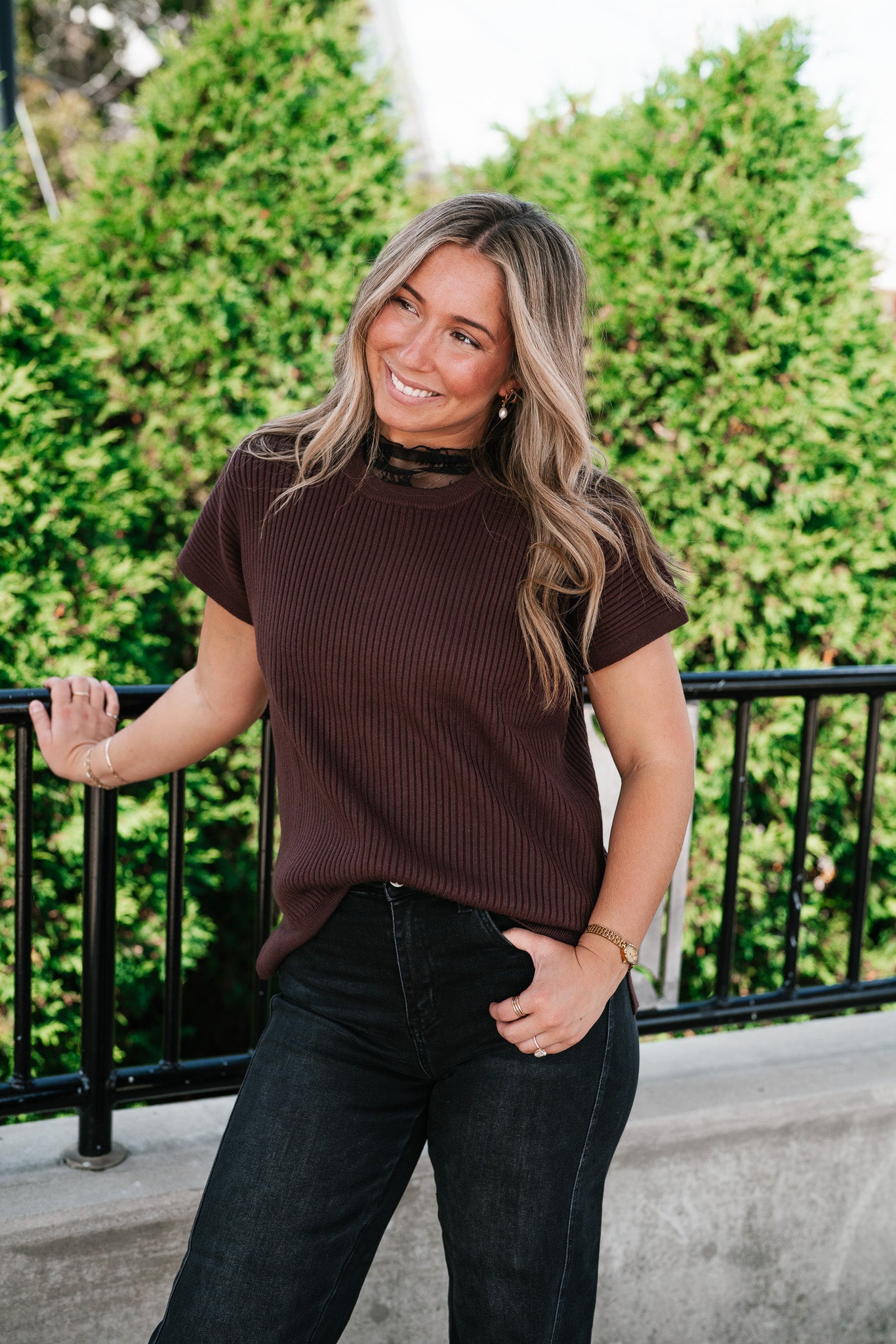Comfort Breeze Ribbed Sweater Top - Brown