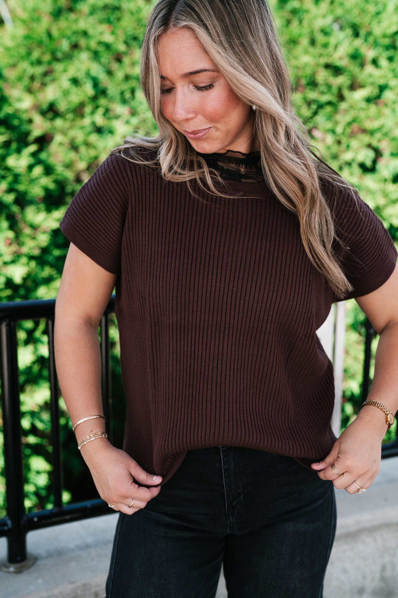 Comfort Breeze Ribbed Sweater Top - Brown