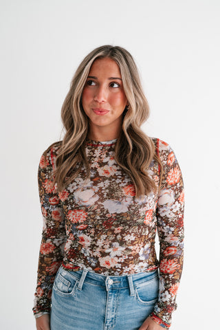 Wildflower Floral Long Sleeve Mesh Top - Brown