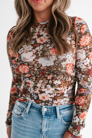 Wildflower Floral Long Sleeve Mesh Top - Brown