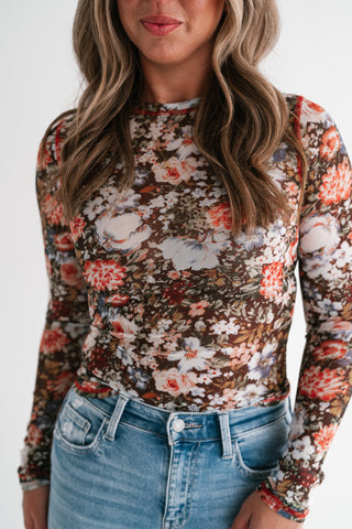 Wildflower Floral Long Sleeve Mesh Top - Brown