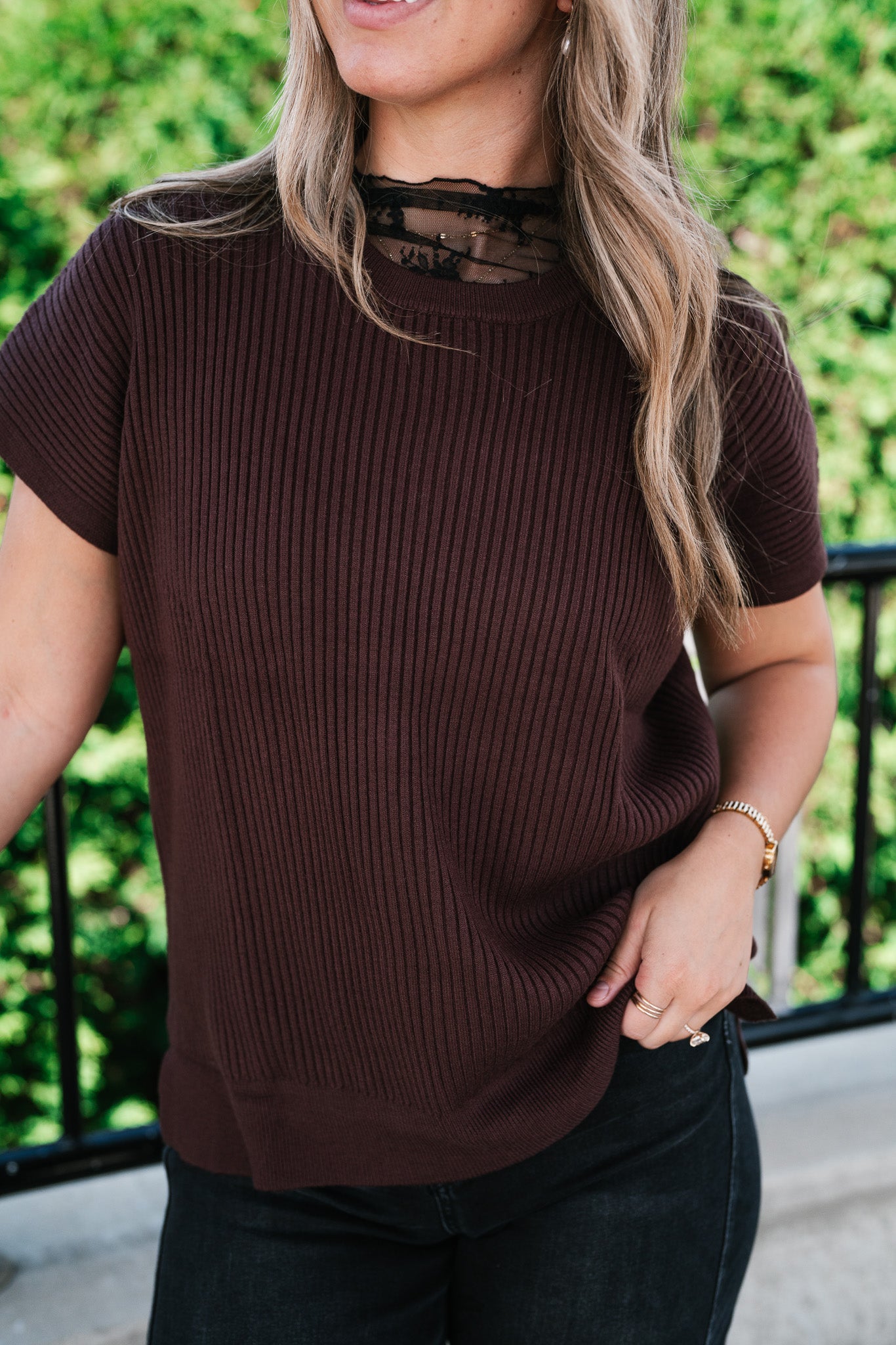 Comfort Breeze Ribbed Sweater Top - Brown