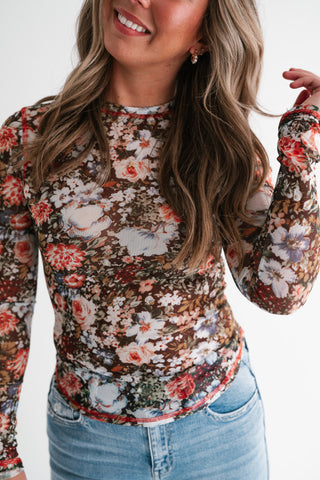 Wildflower Floral Long Sleeve Mesh Top - Brown