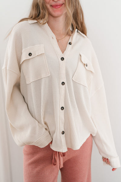 With Love Waffle Knit Button Up - Cream